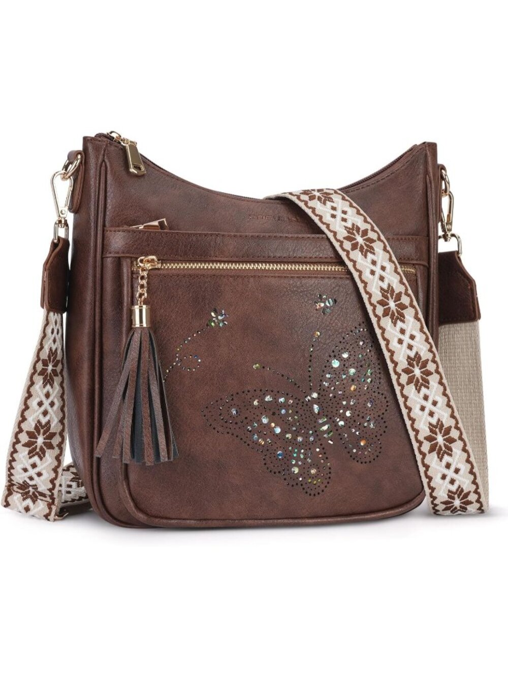 Women's Coffee Leather Stylish Butterfly Shoulder Crossbody Handbags with Tassel